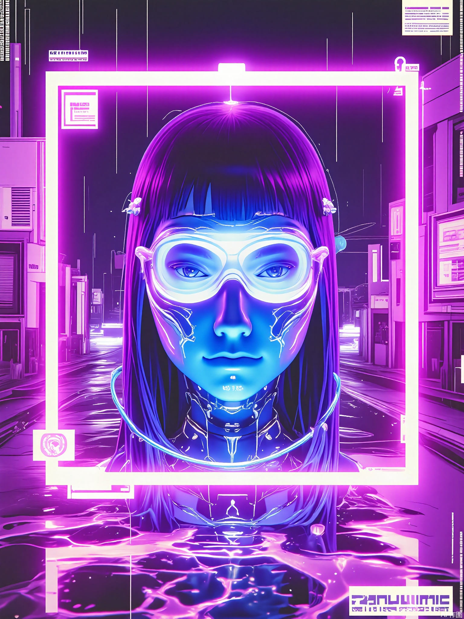 SBPK, A close-up portrait of a cybernetically augmented woman with biomechanical facial tattoos inside a pulsating magenta frame. Her mechanical eye glows cobalt blue against a rain-soaked alleyway backdrop filled with flickering holographic advertisements.


