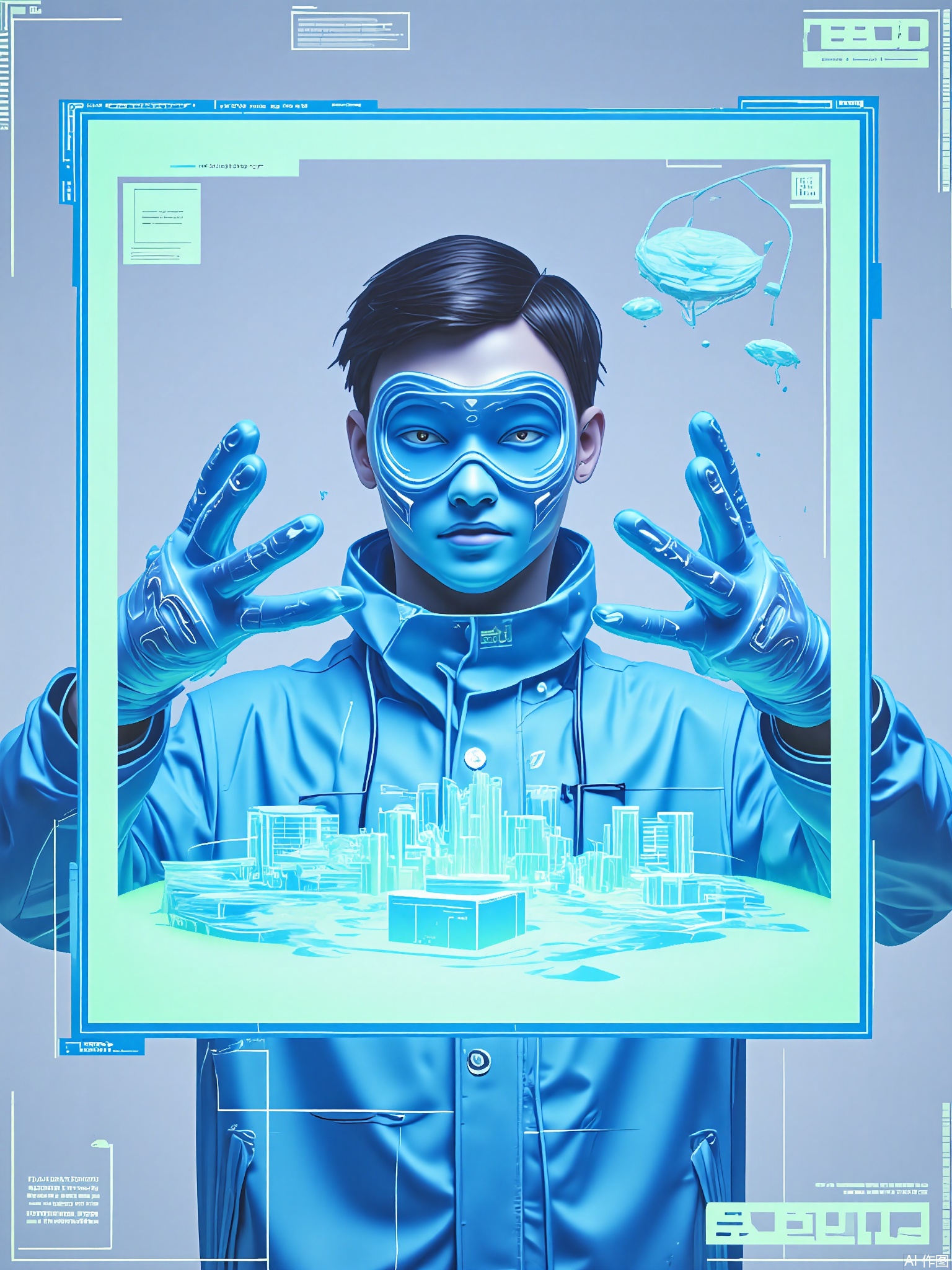SBPK, A masked architect with 3D-printing gloves gestures within a cerulean frame. The studio shows collapsing city models and self-assembling nano-structures.

