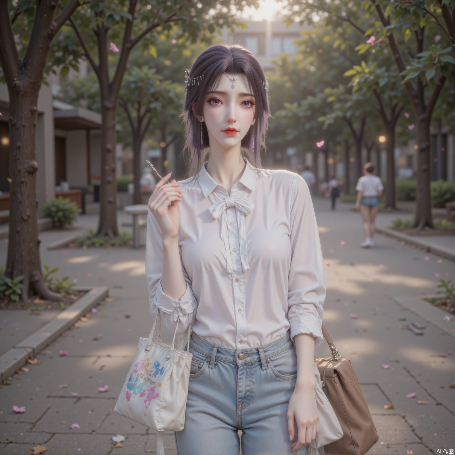 zichu-tms-yx, a 22-year-old young girl, casually tied her long dark purple hair into a low ponytail, and a few strands of hair fell down beside her cheeks, adding a bit of laziness. Her makeup is fresh and natural, and she only applied a light pink lip gloss and waterproof mascara, making her look purer and more cute. She was wearing a loose white cotton shirt with a bow-shaped neckline, adding a touch of sweetness; the cuffs were puff sleeves, which looked playful and cute. The hem of the shirt was stuffed into a pair of light blue high-waisted wide-leg jeans. The legs of the jeans were very long and dragged to the ground, creating a natural wrinkle. She paired it with a pair of white thick-soled sneakers with colorful graffiti patterns on the upper to show personality and fashion. A brown canvas backpack was carried on her shoulders, with some metallic decoration on the bag, adding to the texture of the backpack. She held a book in her hand and walked on the tree-lined path on campus. The sun shone on her through the gaps of the leaves, creating a warm and beautiful atmosphere.