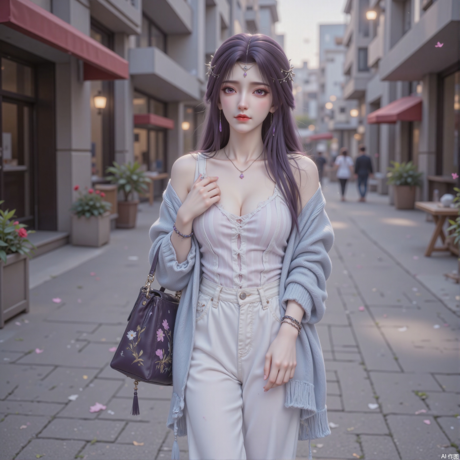 zichu-tms-yx, a 25-year-old literary girl with long dark purple hair casually spread over her shoulders, with a slightly curly ending, giving people a lazy feeling. Her makeup is fresh and natural, with light purple eyeshadow sweeping the eye sockets, and a natural mascara is applied to the eyelash curler, making her eyes look bright and energetic; a light pink blush is applied to the apple skin, and the lip color is moist. Pink lip gloss makes her lips look plump and shiny. She was wearing a light blue loose knitted cardigan, which was soft in material, with white striped patterns on it and tassel decoration at the hem, adding a bit of casualness. Wear a white suspender vest inside, with a deep V-shaped neckline that reveals the delicate collarbone. The bottom is a pair of white wide-leg pants. The trousers are thin and have wide legs. They flutter in the wind when walking, showing a sense of elegance. Wearing a pair of beige flat sandals on our feet, the straps of the sandals are cross-designed, simple and fashionable. She wore a pair of round black-framed glasses, with lilac decorations on her legs; a necklace made of black rope and purple crystal on her neck, with the length of the necklace to her chest; and a few bracelets of different materials on her wrists, including wood, metal and leather, matching them with each other, full of artistic sense. She carried a dark purple canvas bag with hand-painted flower patterns and a collection of poems in her hand, strolling on the street full of artistic atmosphere, with her eyes tender and focused.