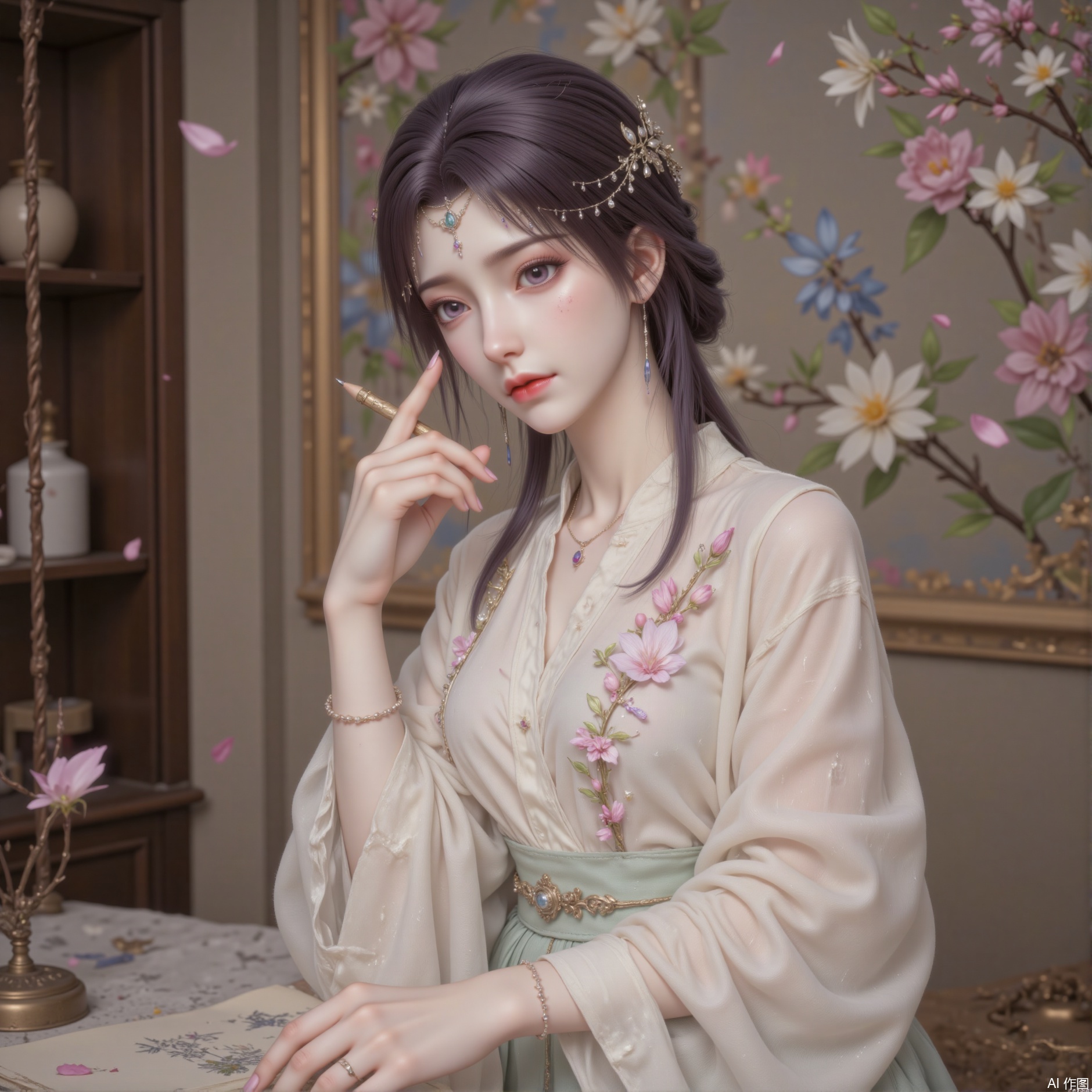 zichu-tms-yx, draws a bust of an 18-year-old girl with soft light like petals on her skin and freckles on her nose. The eyes are emerald green with a glass texture, painted with watercolor smudged eyeshadow, and eyelashes are decorated with gold powder. The hairstyle is made into dark purple fish bone braids, wrapped in fresh ivy and broken diamond chains, and the ears are covered with pottery fired iris. Wearing a cream-white jacquard silk shirt, embroidered three-dimensional lily of the valley with a collar, a celadon-colored tulle waistcoat, and a miniature picture frame pendant. She looked back sideways, touching the sketch pencil on her chest with a finger, the background is blurred into a wet mural textured rose flower wall, and the falling petals stay on the gauze skirt. 3D rendering highlights the embroidered linen bulge and yarn transmittance, and classical picture frame cracks spread into digital particle special effects.
