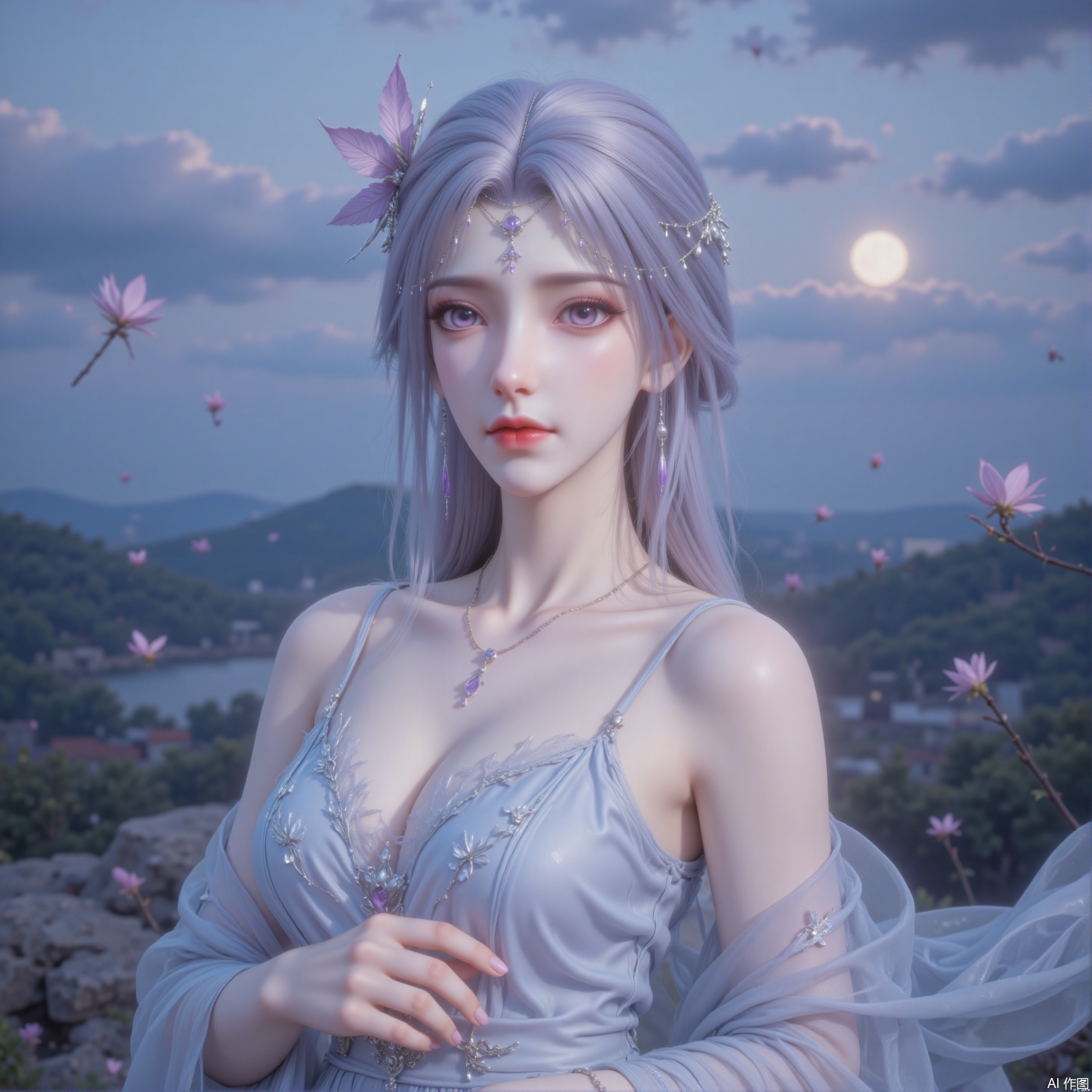 zichu-tms-yx, The image depicts a serene and ethereal scene with a female character in the foreground. She has long, flowing silver hair adorned with delicate jewelry, including a headpiece with a purple leaf and a necklace with a purple gemstone. Her attire is elegant, featuring a light blue dress with intricate embroidery and a sheer shawl draped over her shoulders. The background showcases a picturesque landscape with mountains, a lake, and a sky filled with soft clouds and a full moon. Floating pink flowers are scattered throughout the scene, adding to the tranquil and magical atmosphere.