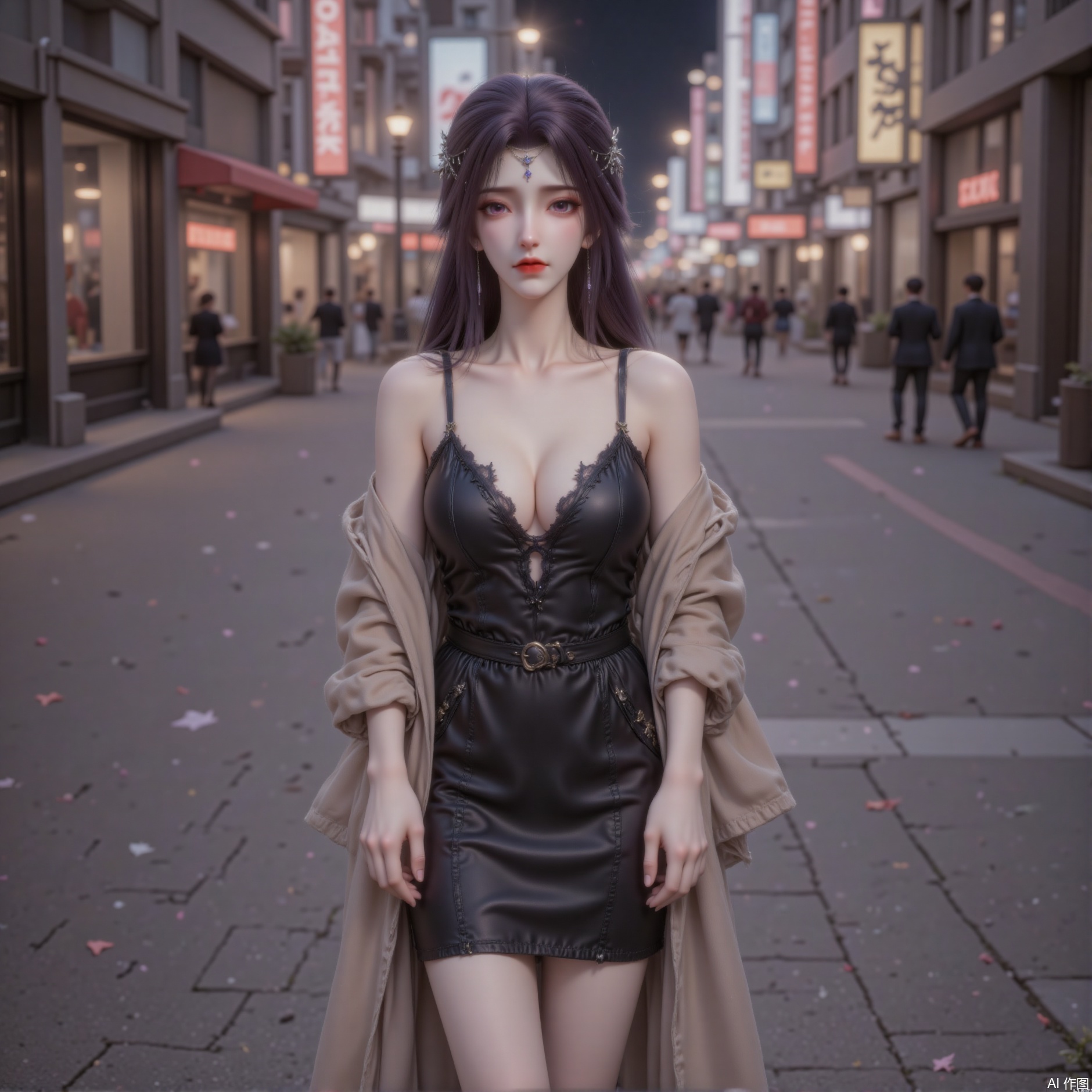 zichu-tms-yx, This photo depicts a man standing on a city street at night. The man wore a black leather dress with lace details and a belt, and a beige long windbreaker draped over his shoulders. Their hair is designed to be purple highlights and is decorated with ornaments. The background shows a bustling urban environment, illuminated shops and people walking in different directions. Street lights and store signs add to the nighttime atmosphere.