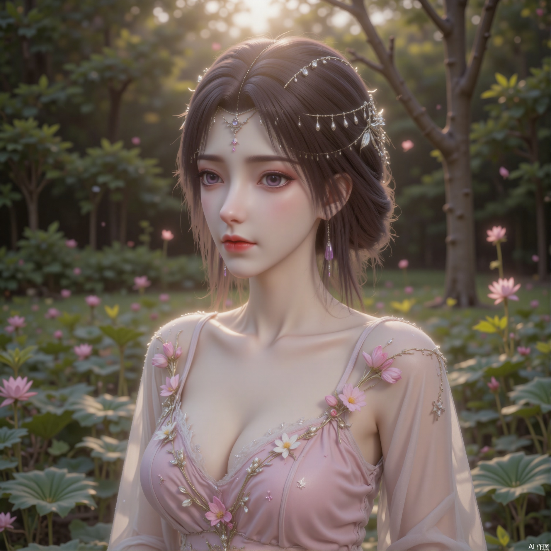 zichu-tms-yx, The image depicts a serene and ethereal scene with a young woman standing amidst a lush garden. She is adorned in a delicate, floral-patterned dress that complements the natural surroundings. Her hair is styled elegantly, and she wears a headpiece embellished with sparkling jewels. The background features a variety of plants, including lotus flowers and broad-leafed greenery, creating a peaceful and mystical atmosphere. The lighting is soft and warm, suggesting a gentle, possibly early morning or late afternoon setting.