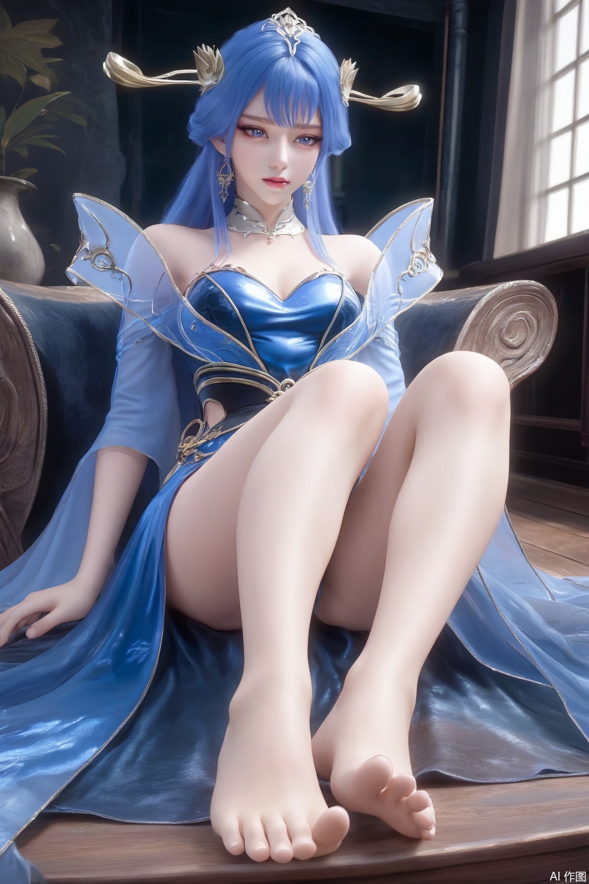 1girl, solo, long hair, bangs, blue eyes, jewelry, blue hair, earrings, detached collar, blue dress,sitting, full body,, barefoot, indoors, feet, legs, bare legs, toes,
masterpiece, best quality, absurdres, highres, amazing quality, very aesthetic, newest, absurdres, highres, highly detailed, very aesthetic,