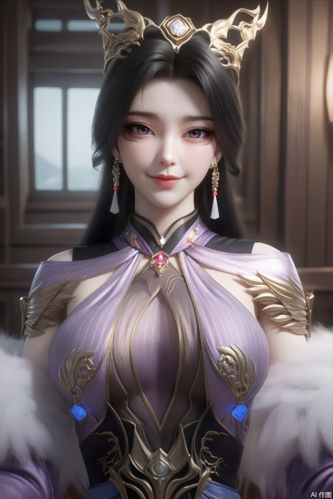 1girl, solo, long hair, looking at viewer, smile, black hair, hair ornament, long sleeves, dress, jewelry, closed mouth, upper body, earrings, indoors, purple dress, 
masterpiece, best quality, absurdres, highres, amazing quality, very aesthetic,  newest, absurdres, highres, highly detailed, very aesthetic,
