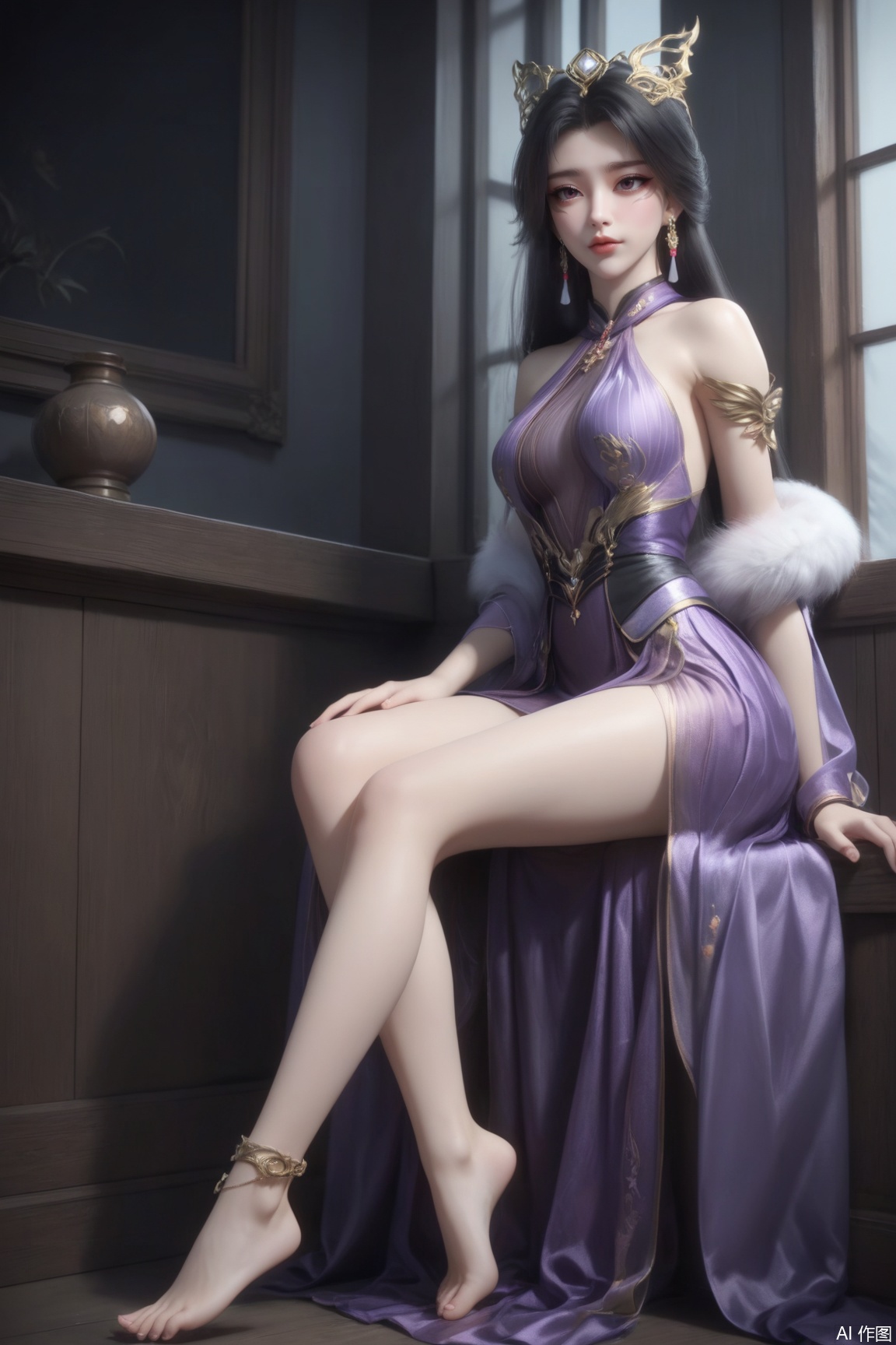 1girl, solo, long hair, black hair, hair ornament, dress, bare shoulders, jewelry, sitting, full body, earrings, barefoot, indoors, feet, legs, bare legs, toes, purple dress, anklet, 
masterpiece, best quality, absurdres, highres, amazing quality, very aesthetic,  newest, absurdres, highres, highly detailed, very aesthetic,