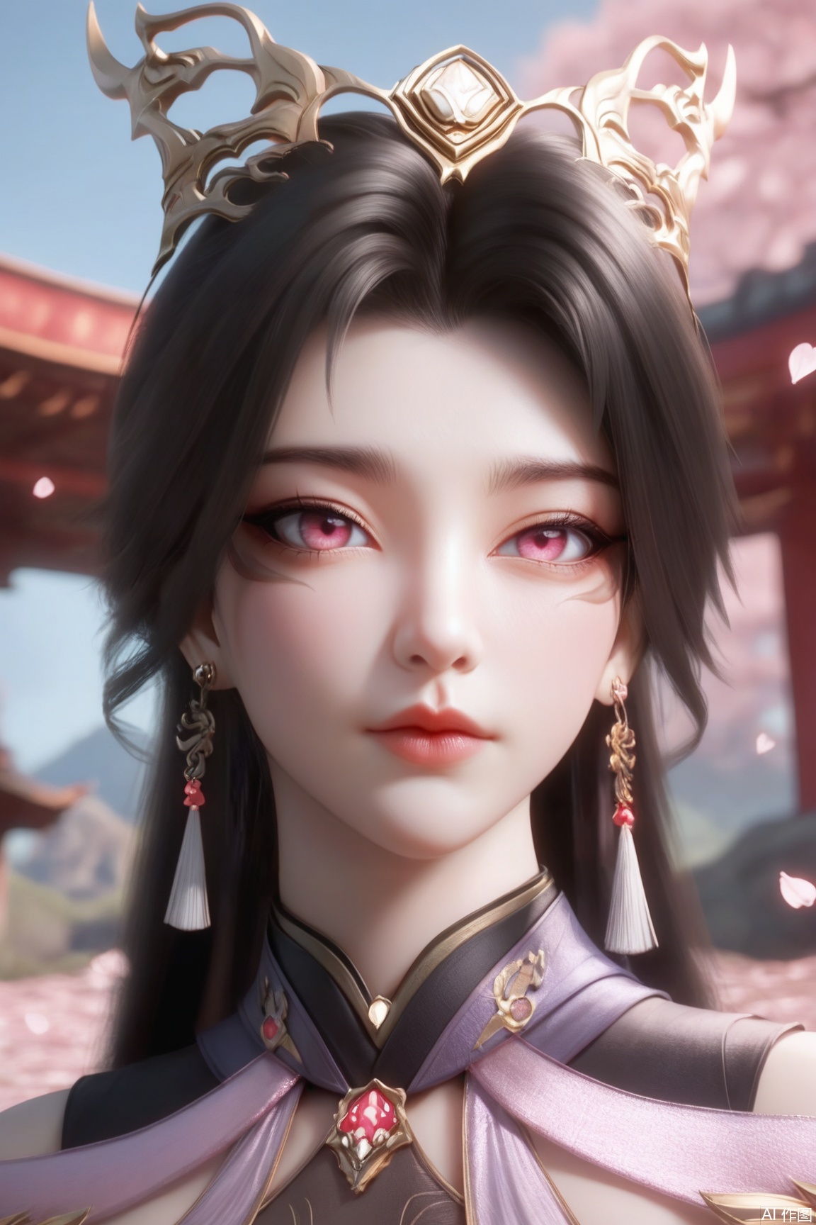 1girl, solo, long hair, looking at viewer, brown hair, black hair, hair ornament, dress, jewelry, closed mouth, earrings, outdoors, sky, pink eyes, portrait, tassel earrings, falling petals, 
masterpiece, best quality, absurdres, highres, amazing quality, very aesthetic,  newest, absurdres, highres, highly detailed, very aesthetic,