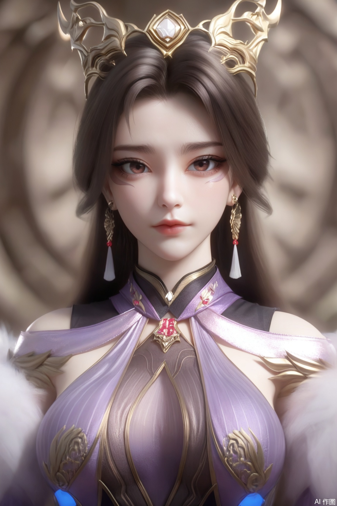 1girl, solo, looking at viewer, brown hair, hair ornament, dress, jewelry, closed mouth, upper body, earrings, purple dress, 
masterpiece, best quality, absurdres, highres, amazing quality, very aesthetic,  newest, absurdres, highres, highly detailed, very aesthetic,
