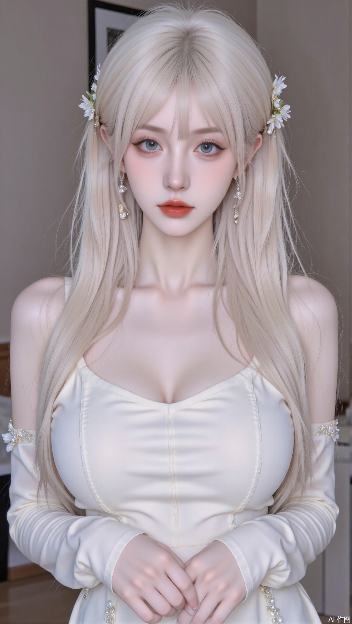 1girl, solo, long hair, breasts, looking at viewer, blue eyes, hair ornament, dress, holding, bare shoulders, jewelry, medium breasts, closed mouth, upper body, white hair, earrings, sleeveless, lips, fingernails, hands up, makeup, sleeveless dress, armlet, side slit, red lips,cy