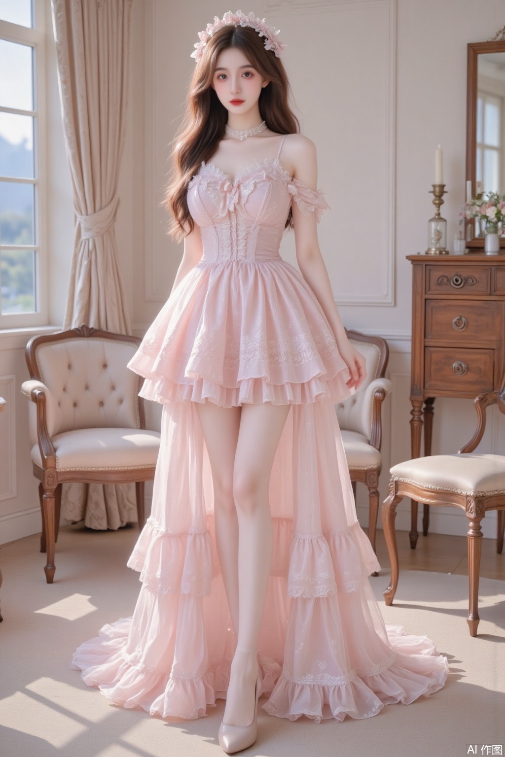  1 girl,upper body,Busty, long-legged, slender-waisted,looking at viewer,fullbody,In the living room, a simple background, revealing the light and scenery outside,standing, pink youlingniang,nuan ghost,lolita,dress,juru2,cy