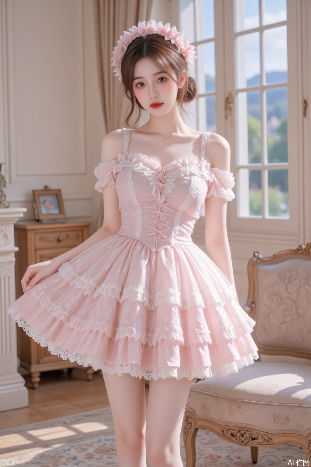  1 girl,upper body,Busty, long-legged, slender-waisted,looking at viewer,fullbody,In the living room, a simple background, revealing the light and scenery outside,standing, pink youlingniang,nuan ghost,lolita,dress,juru2,cy