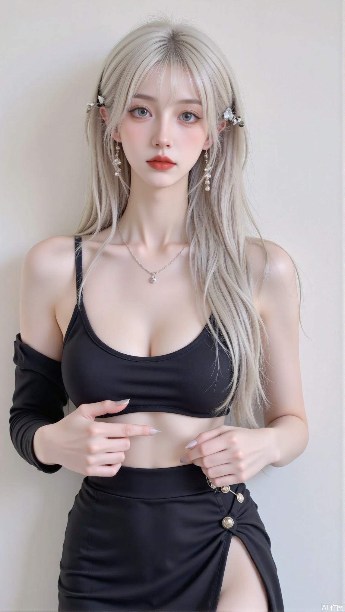 1girl, solo, long hair, breasts, looking at viewer, blue eyes, hair ornament, dress, holding, bare shoulders, jewelry, medium breasts, closed mouth, upper body, white hair, earrings, sleeveless, lips, fingernails, hands up, makeup, sleeveless dress, armlet, side slit, red lips,cy