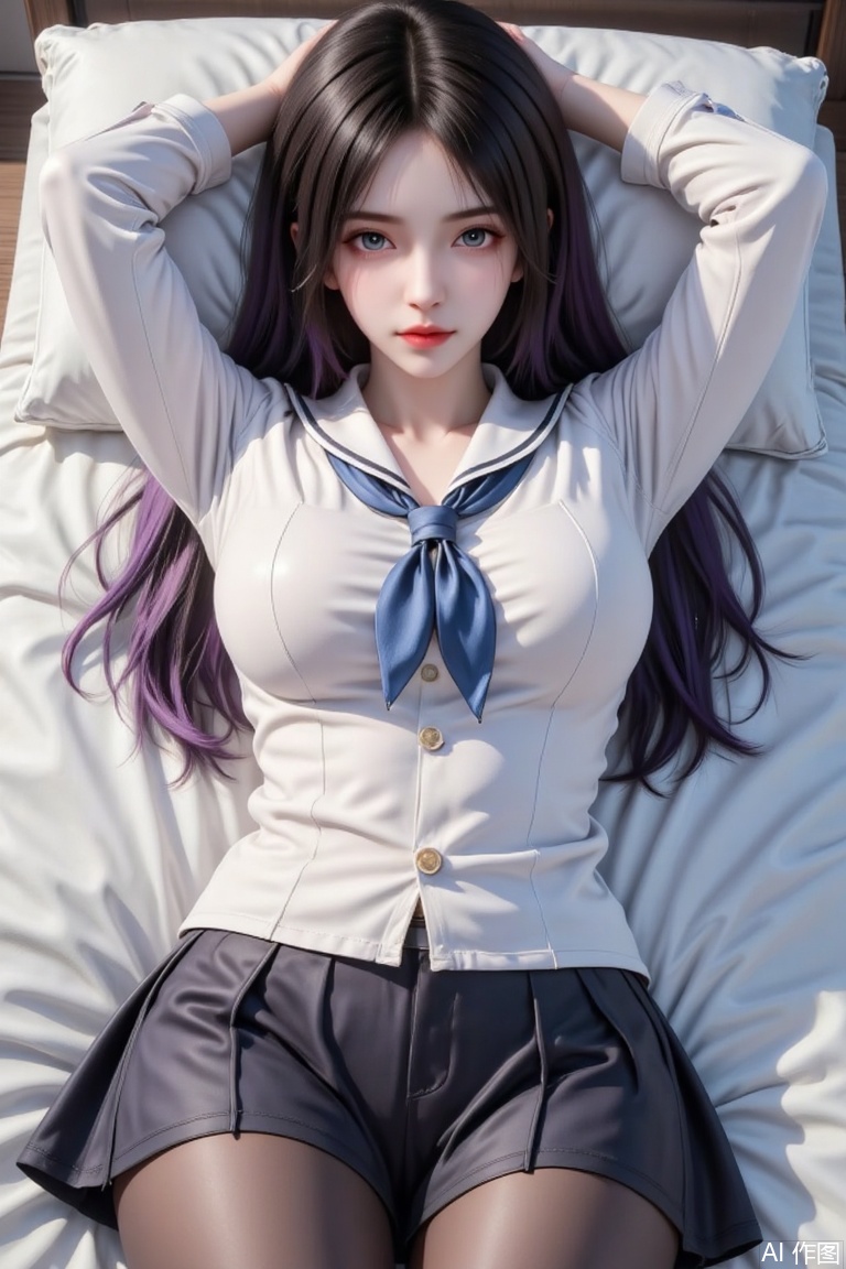 Masterpiece, the best quality, high quality, (colorful) , big breasts,,(black hair:1.4),(long legs:1.3),masterpiece,best quality,high quality,loli,Artist:inugami kira,(artist:ningen_mame:0.9),(artist:sho_(sho_lwlw):0.9),(artist:rhasta:0.9),(artist:wlop:0.7),(artist:ke-ta:0.6),(fkey:0.5),(tianliang duohe fangdongye:0.5),(hiten \(hitenkei\):0.6),loli,Artist sousoumaan,loli,Masterpiece, best quality, high quality, (colorful), large breasts, 

 1girl, solo, breasts, looking at viewer, blush, purple hair, bangs, blue eyes, shirt, long sleeves, closed mouth, school uniform, white shirt, longhair, pantyhose, lying, serafuku, on back, sailor collar, arms up, neckerchief, black pantyhose, on bed, no pants, thighband pantyhose, white sailor collar, blue neckerchief