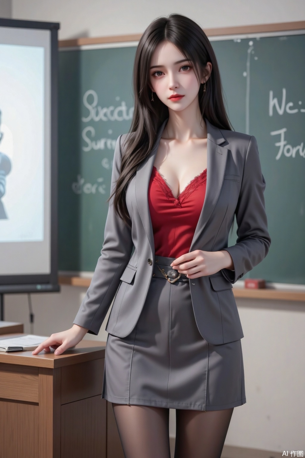Masterpiece, the best quality, high quality,  huge breasts,,(black hair:1.4),(long legs:1.3),（thin legs：1.4）,In the picture, a lady is standing near the podium in a classroom, giving an explanation. She has long black hair and wears glasses, looking focused and confident. She is dressed in a tailored gray suit with a red lace top underneath, adding a pop of color. The skirt matches the suit in color, and she pairs it with black stockings, creating a look that is both professional and stylish.
 
Behind her, there is a projection screen displaying a portrait and some text. However, due to the limited clarity, the text is difficult to make out. The background of the classroom shows a white wall and a green blackboard, presenting a typical teaching environment.