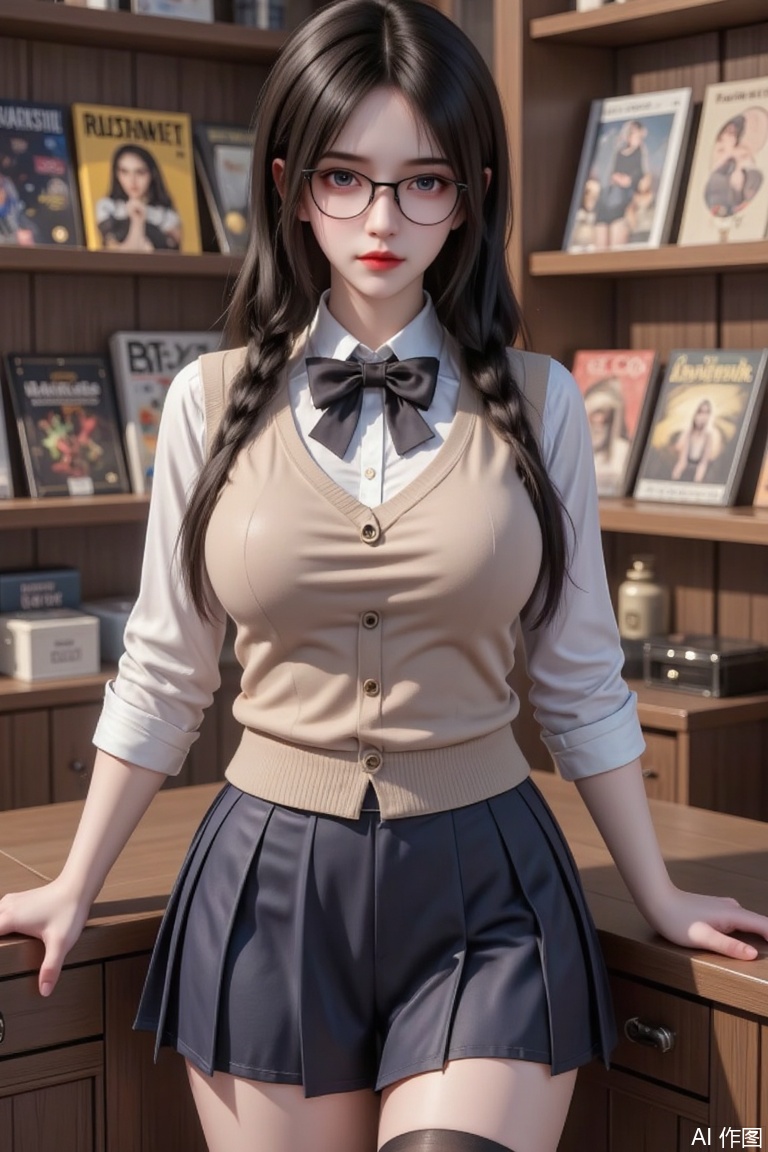 Masterpiece, the best quality, high quality,  huge breasts,,(black hair:1.4),(long legs:1.3),（thin legs：1.4）,a girl is standing, shelves with magazines, eyefish, twin braids, school uniform,open mouth, sweat, nervous smile, black hair, bangs, large breasts, glasses, thighhighs, bowtie, sweater vest, skirt, full body, long hair, hatching \(texture\), looking at viewer, pov, dutch angle, pointing at self, 
masterpiece, absurdres, highres, 