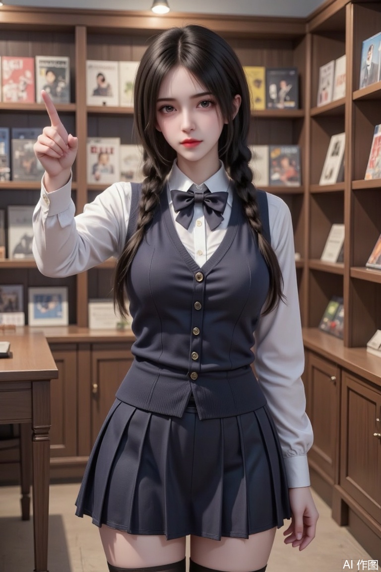 Masterpiece, the best quality, high quality,  huge breasts,,(black hair:1.4),(long legs:1.3),（thin legs：1.4）,a girl is standing, shelves with magazines, eyefish, twin braids, school uniform,open mouth, sweat, nervous smile, black hair, bangs, large breasts, glasses, thighhighs, bowtie, sweater vest, skirt, full body, long hair, hatching \(texture\), looking at viewer, pov, dutch angle, pointing at self, 
masterpiece, absurdres, highres, 