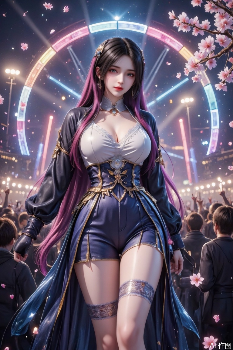 Masterpiece, highest quality, high quality, small breasts, (black hair: 1.4), (long legs: 1.3, (legs: 1.4),1girl,fluffy hair, long floating hair, (super long hair), shiny pink hair, shiny hair, 1 girl, alone, long hair, blue eyes,  looking at the audience, smiling, make-up face prints, purple hair, colored hair, thighs, outdoors, full body ((masterpiece)), (((best quality))), ((ultra-detailed)), ((illustration)), A lot of waving glow sticks,Stage,Concert,(solo),1 girl,((singing)),headset,(leaning_forward:1.2),(arms_behind_back),((extremely_detailed_eyes_and_face)),colorful,Tokyo Dome,ray tracing,(disheveled hair),cherry_blossoms,petals,Flying notes