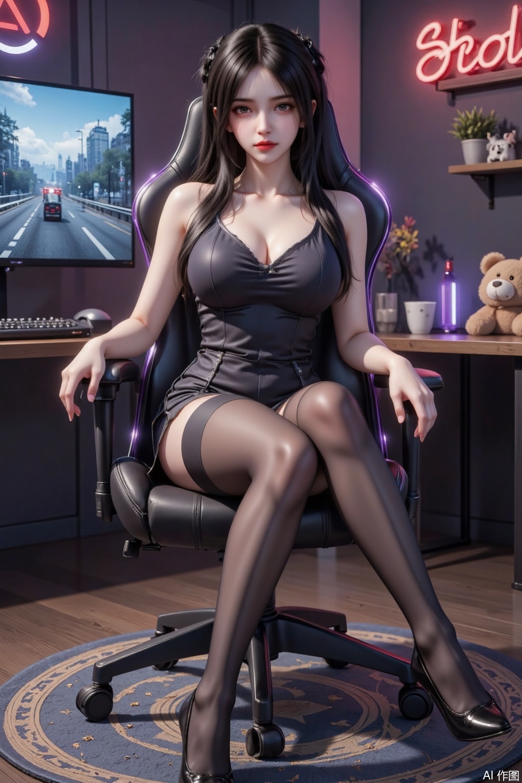 Masterpiece, highest quality, high quality, small breasts, (black hair: 1.4), (long legs: 1.3, (thin legs: 1.4),Realistic photo, one young woman, double ponytails, fair skin, big breast, Lolita, stockings, long legs, high heels, sitting on an e-sports chair, playing games, e-sports room, plush toys,ar1