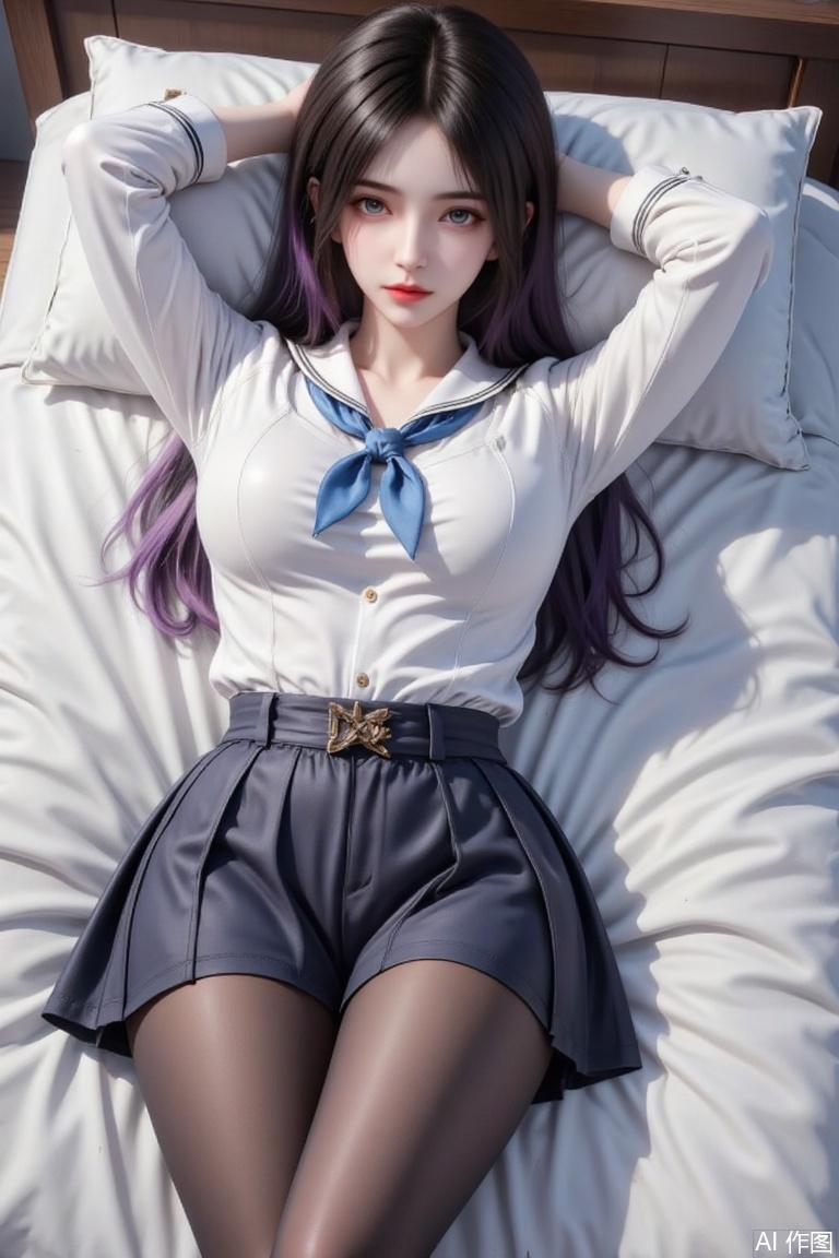 Masterpiece, the best quality, high quality, (colorful) , big breasts,,(black hair:1.4),(long legs:1.3),masterpiece,best quality,high quality,loli,Artist:inugami kira,(artist:ningen_mame:0.9),(artist:sho_(sho_lwlw):0.9),(artist:rhasta:0.9),(artist:wlop:0.7),(artist:ke-ta:0.6),(fkey:0.5),(tianliang duohe fangdongye:0.5),(hiten \(hitenkei\):0.6),loli,Artist sousoumaan,loli,Masterpiece, best quality, high quality, (colorful), large breasts, 

 1girl, solo, breasts, looking at viewer, blush, purple hair, bangs, blue eyes, shirt, long sleeves, closed mouth, school uniform, white shirt, longhair, pantyhose, lying, serafuku, on back, sailor collar, arms up, neckerchief, black pantyhose, on bed, no pants, thighband pantyhose, white sailor collar, blue neckerchief