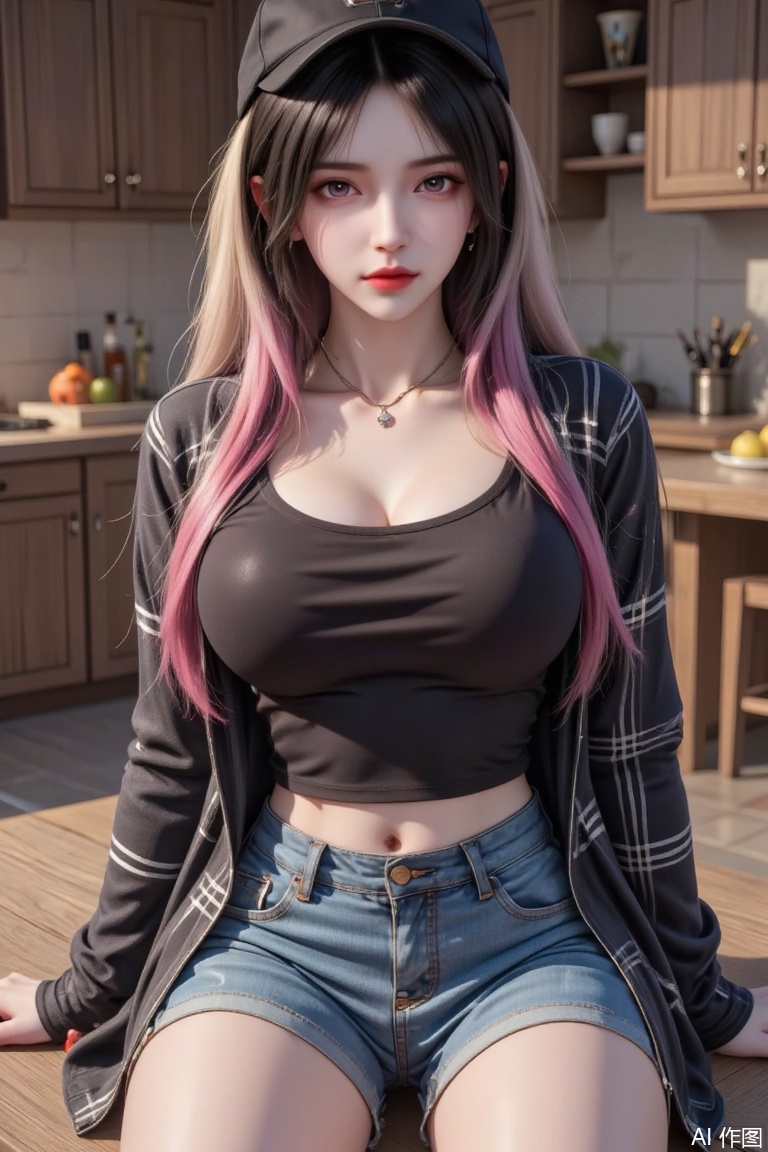 Masterpiece, the best quality, high quality, (colorful) ,big breasts,,(black hair:1.4),(long legs:1.3), (cowboy_shot), (Good structure), 1girl, solo, long hair, breasts, looking at viewer, blush, open mouth, bangs, blonde hair, shirt, red eyes, hat, navel, cleavage, twintails, jewelry, medium breasts, sitting, collarbone, pink hair, multicolored hair, earrings, shorts, tongue, midriff, tongue out, pink eyes, plaid, black shirt, black headwear, gradient hair, piercing, denim, ear piercing, baseball cap, denim shorts, plaid shirt, tongue piercing, industrial piercing, kitagawa marin