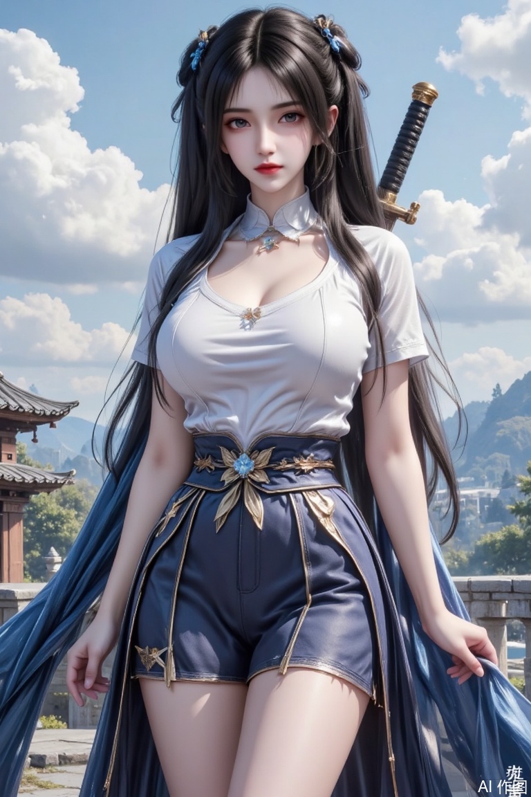 Masterpiece, the best quality, high quality,  huge breasts,,(black hair:1.4),(long legs:1.3),（thin legs：1.4）,The word "DuanMuRong" is written in a casual,handwritten style in white at the bottom right corner of the image,suggesting a title or theme.
1girl, solo, long hair, breasts, looking at viewer, bangs, black hair, twintails, medium breasts, very long hair, closed mouth, upper body, weapon, short sleeves, outdoors, sky, day, sword, black eyes, lips, weapon on back