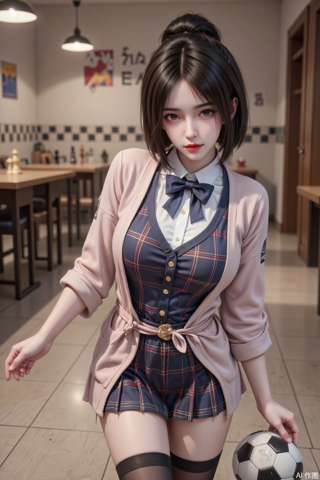 Masterpiece, best quality, high quality, (colorful), huge chest, (black hair: 1.4), (long legs: 1.3), (thin legs: 1.3), 1girl, argyle, argyle_background, argyle_legwear, bangs, bent_over, blunt_bangs, blur_censor, blurry, blurry_background, blurry_foreground, blush, board_game, bowtie, breasts, brown_eyes, brown_hair, cellphone_picture, checkered, checkered_background, checkered_flag, checkered_floor, checkered_kimono, checkered_legwear, checkered_shirt, checkered_skirt, chess_piece, classroom, depth_of_field,  figure, focused, hair_bun, indoors, large_breasts, looking_at_viewer, motion_blur, perspective, photo_\(medium\), plaid, plaid_legwear, pov, race_queen, restaurant, school_uniform, skirt, soccer_ball, solo_focus, table, telstar, thighhighs, thighs, tile_floor, tile_wall, tiles
