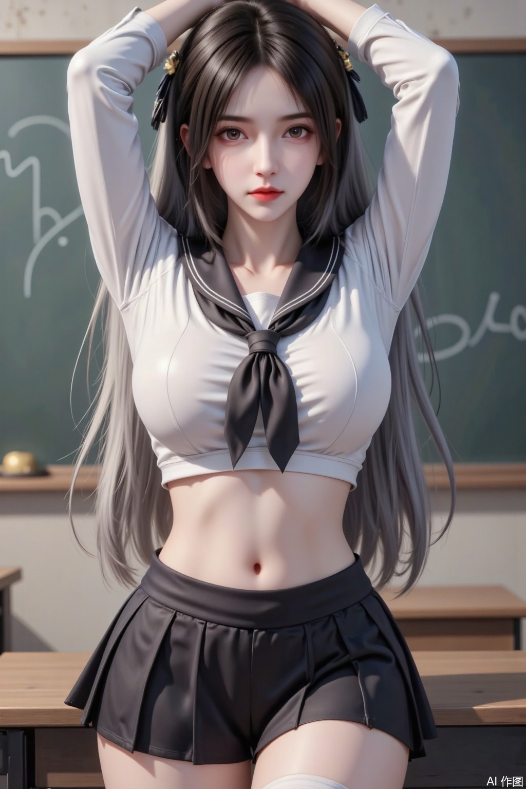 Masterpiece, the best quality, high quality,  small breasts,,(black hair:1.4),(long legs:1.3),（thin legs：1.4）,1girl, solo, long hair, breasts, looking at viewer, bangs, skirt, large breasts, classroom, red eyes, thighhighs, long sleeves,  ribbon, twintails, very long hair, school uniform, hair ribbon, grey hair, pleated skirt, serafuku, alternate costume, midriff, black skirt, sailor collar, arms up, white thighhighs, zettai ryouiki, crop top, neckerchief, black serafuku, stretching, crop top overhang, two-tone ribbon, formidable \(azur lane\)
  ,masterpiece, best quality, high quality, extremely detailed CG unity 8k wallpaper, extremely detailed, High Detail, vibrant colors, anime style, cover art,(artist:quasarcake:0.8),extreme aesthetic,(wlop:0.6),masterpiece,best quality,good quality,newest,very aesthetic,absurdres,Visual impact,32K UHD,sharp focus,(mogumo:1.1),(good hands, nice hands:0.5),impactful picture,offcial art, 