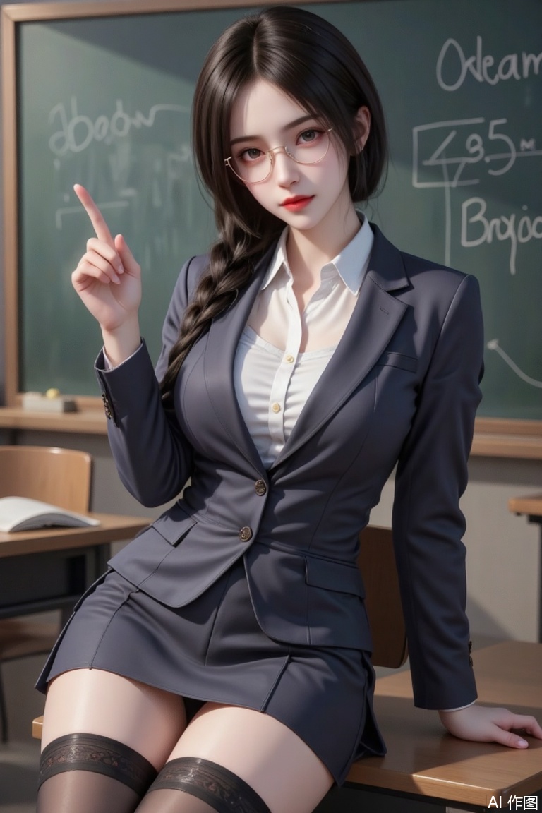 masterpiece, best quality, high quality, (black hair), (long legs: 1.3), (good structure),1girl, alternate_costume, black_legwear, braid, braided_ponytail, breasts, chair, chalkboard, classroom,  desk, garter_straps, glasses, high_heels, long_hair, long_sleeves, looking_at_viewer, office_lady, on_desk, paper, pencil_skirt, pointer, black_hair, school_desk, shirt, single_braid, sitting, sitting_on_desk, skirt, solo, suit, teacher, thighhighs, hair_past_waist