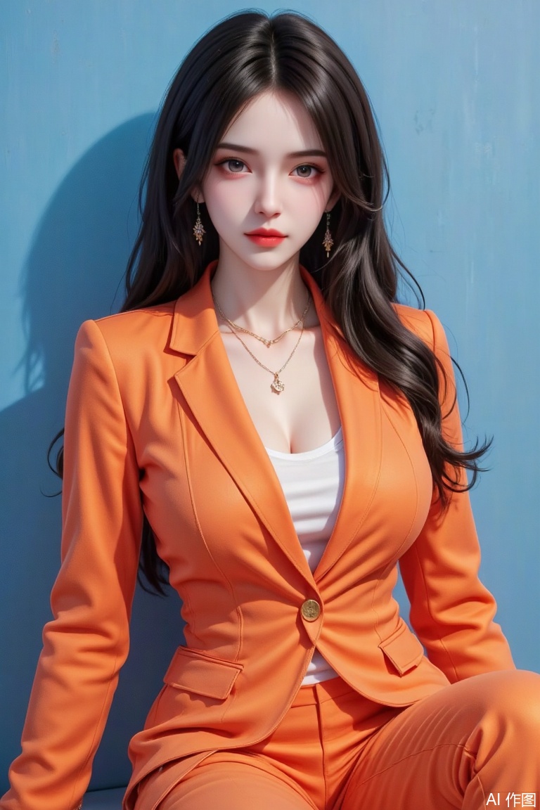 Masterpiece, the best quality, high quality,  small breasts,,(black hair:1.4),(long legs:1.3),（thin legs：1.4）,Vibrant colors infused with mixed colorism,detailed,pale skin,slim,The image presents a young chinese woman dressed in a vivid orange suit,composed of tailored trousers and a matching blazer,against a striking blue background. Her relaxed seating position,with one leg crossed over the other,gives off a sense of casual confidence. She adorns several pieces of jewelry,including layered necklaces and earrings,which add a touch of elegance to her ensemble. Her long,gently curled hair cascades over her shoulders and is complemented by a natural makeup look,amplifying her poised expression which borders between contemplation and self-assured tranquility. There is no indication of ethnicity based on her appearance. The use of the complementary colors—orange against blue—creates a visually appealing contrast,drawing attention to the subject and her stylish attire. The clear,sunny lighting suggests either a bright indoor setup or a day under a clear sky,emphasizing the image’s fresh and vibrant feel.,