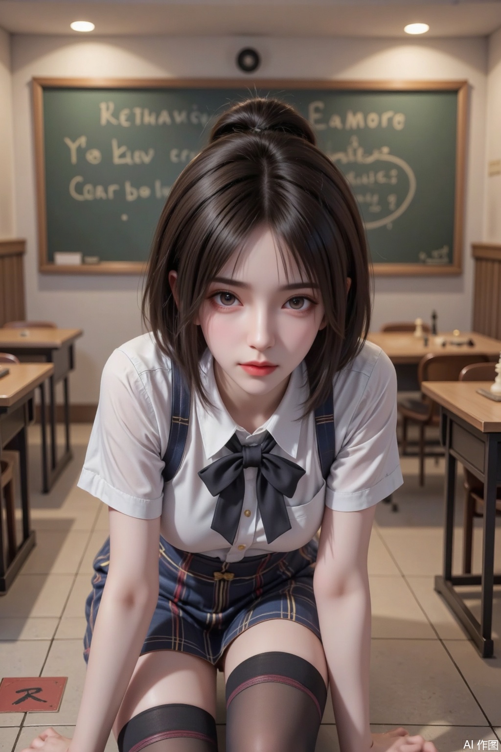 Masterpiece, best quality, high quality, (colorful), huge chest, (black hair: 1.4), (long legs: 1.3), (thin legs: 1.3), 1girl, argyle, argyle_background, argyle_legwear, bangs, bent_over, blunt_bangs, blur_censor, blurry, blurry_background, blurry_foreground, blush, board_game, bowtie, breasts, brown_eyes, brown_hair, cellphone_picture, checkered, checkered_background, checkered_flag, checkered_floor, checkered_kimono, checkered_legwear, checkered_shirt, checkered_skirt, chess_piece, classroom, depth_of_field,  figure, focused, hair_bun, indoors, large_breasts, looking_at_viewer, motion_blur, perspective, photo_\(medium\), plaid, plaid_legwear, pov, race_queen, restaurant, school_uniform, skirt, soccer_ball, solo_focus, table, telstar, thighhighs, thighs, tile_floor, tile_wall, tiles