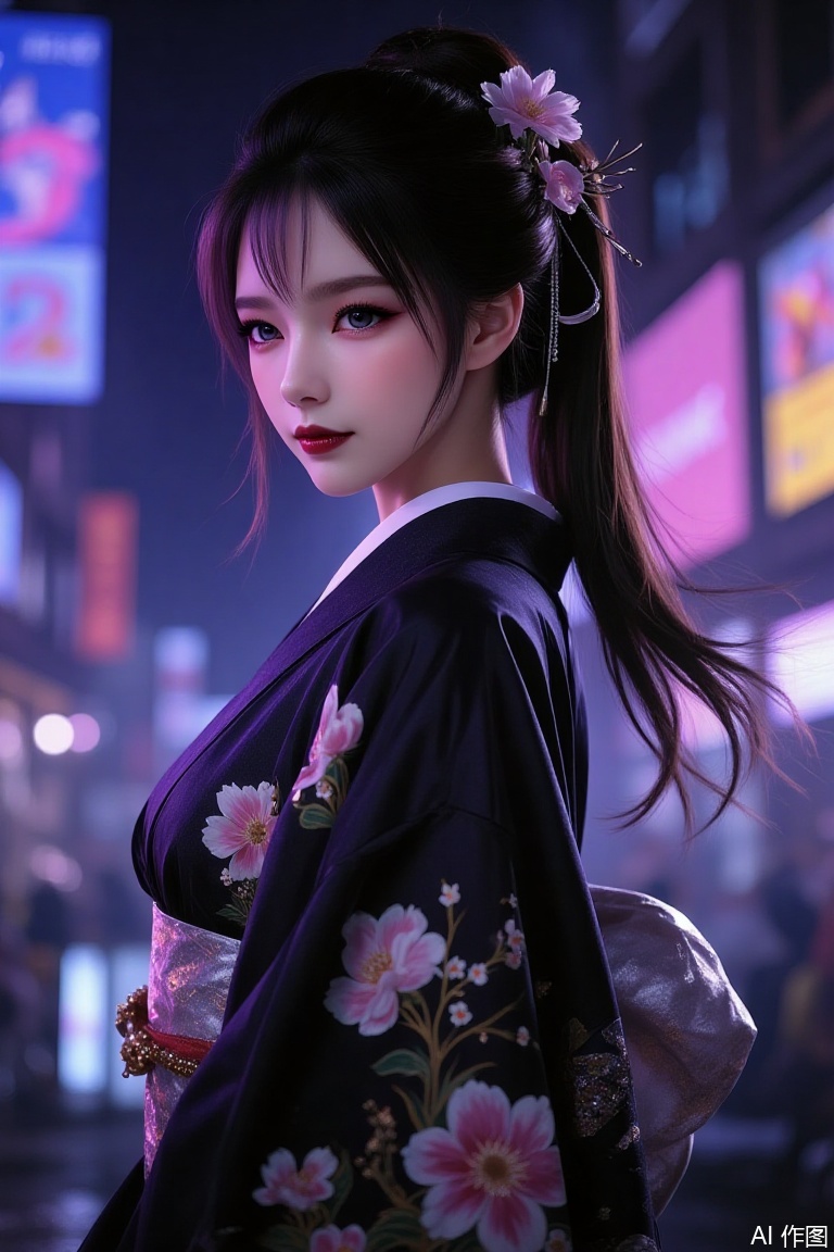 1girl,with a black kimono adorned with flowers.,Trendy K Style, neon lighting, highly detailed, ultra-high resolutions, 32K UHD, best quality, masterpiece