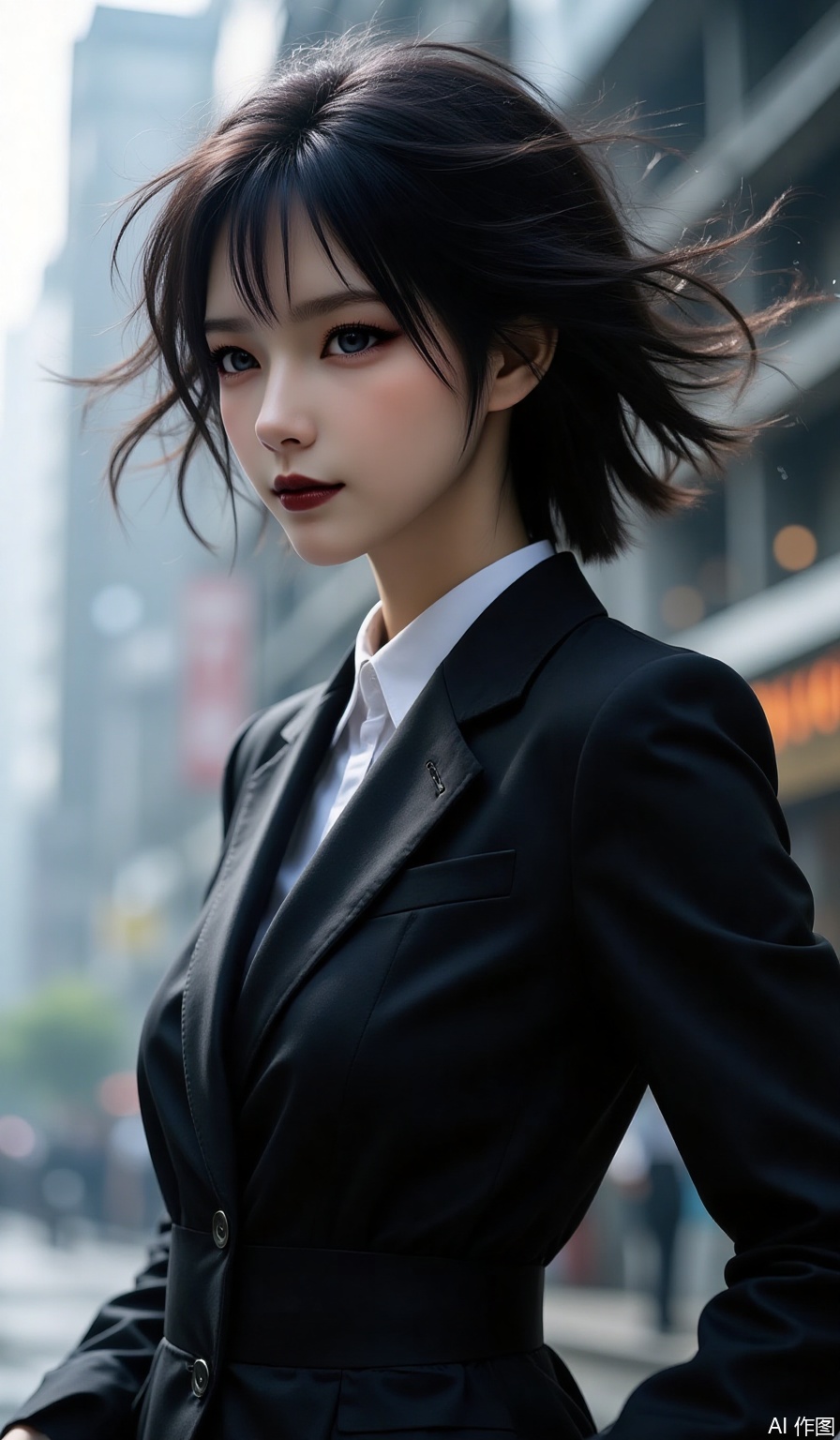 1girl, solo, looking at viewer, short hair, black hair, upper body, motion blur,cover page,suit