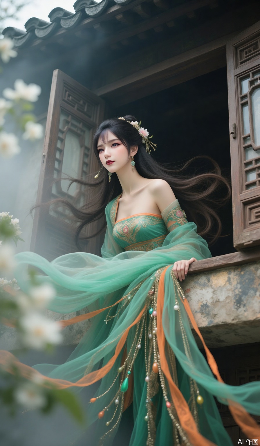 1girl, solo, long hair, black hair, hair ornament,  breasts,dress,bare shoulders, jewelry, flower, earrings, hair flower, off shoulder, sash, chinese clothes, green dress, blurry foreground, motion blur, branch, scroll,window,
