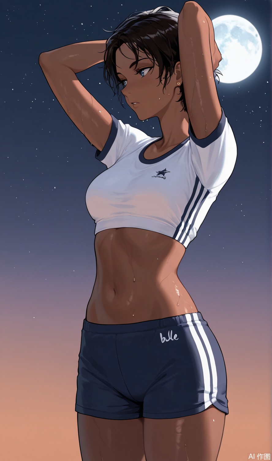 1girl,bule hair,short hair,darkskin,cool,hot,gym_clothes,masterpiece,stars,moon,