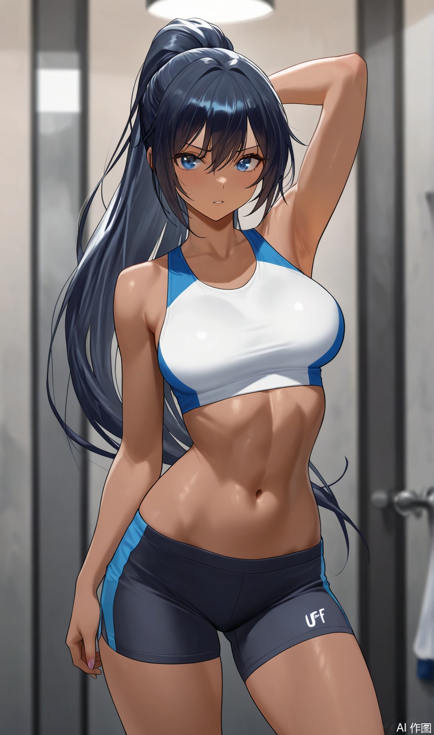 A stunning young woman with striking blue-black hair and dark skin posing confidently in a bold, dynamic composition. She wears fitted gym clothes that accentuate her toned physique, as if fresh from a workout. Under the starry night sky, with the moon hanging low in the horizon, she exudes coolness, yet radiates an intense heat, like a masterpiece painting come to life.