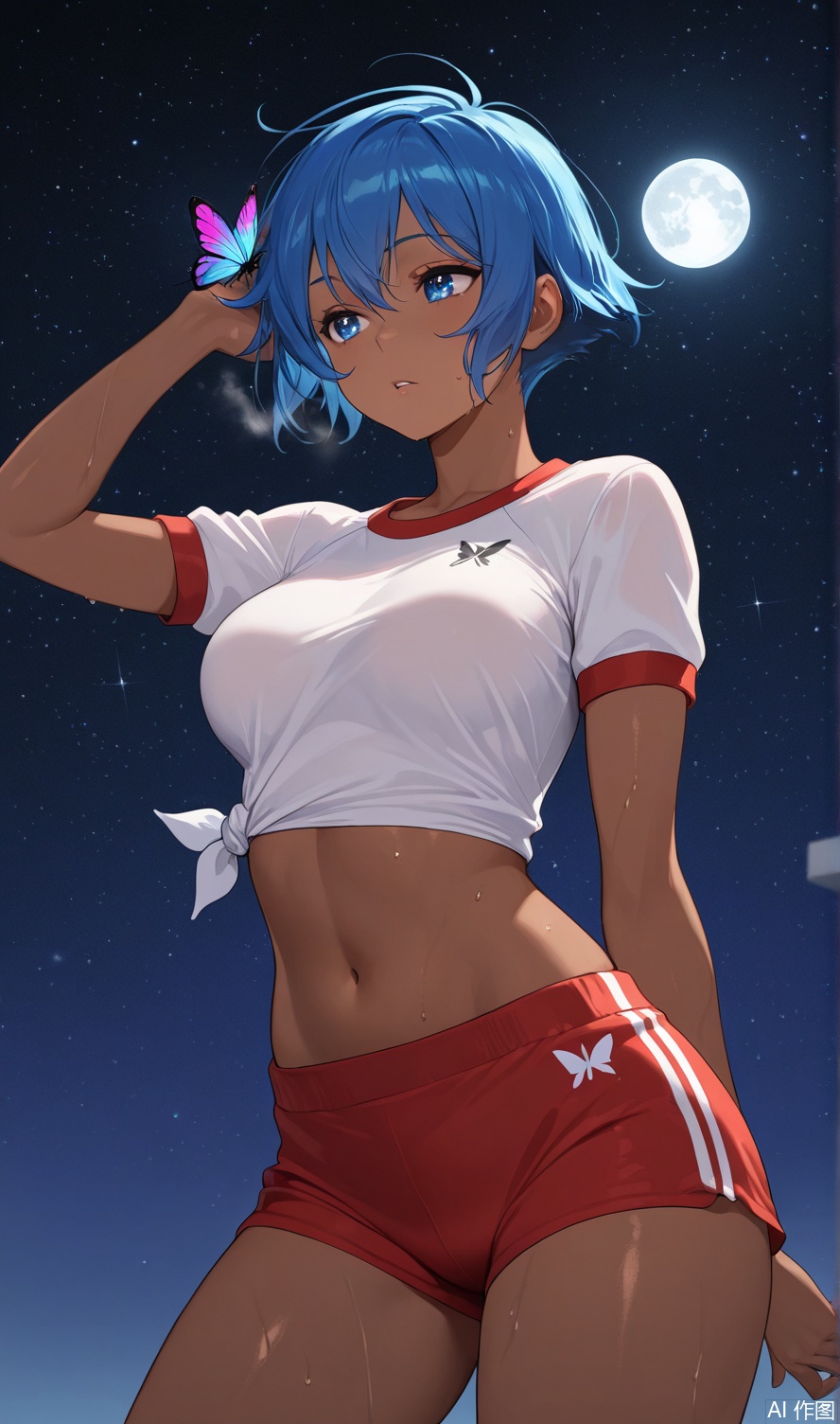 1girl,blue hair,short hair,darkskin,cool,hot,gym_clothes,masterpiece,stars,moon,butterflies