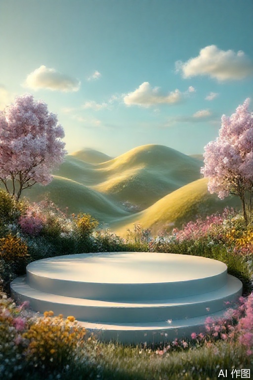  background  A vibrant CGI illustration depicts a serene, sunlit meadow with rolling hills in the background. A white circular platform sits in the foreground, surrounded by lush green grass, colorful wildflowers, and blooming cherry blossom trees. The sky is a soft blue with fluffy clouds, creating a peaceful, idyllic atmosphere. 