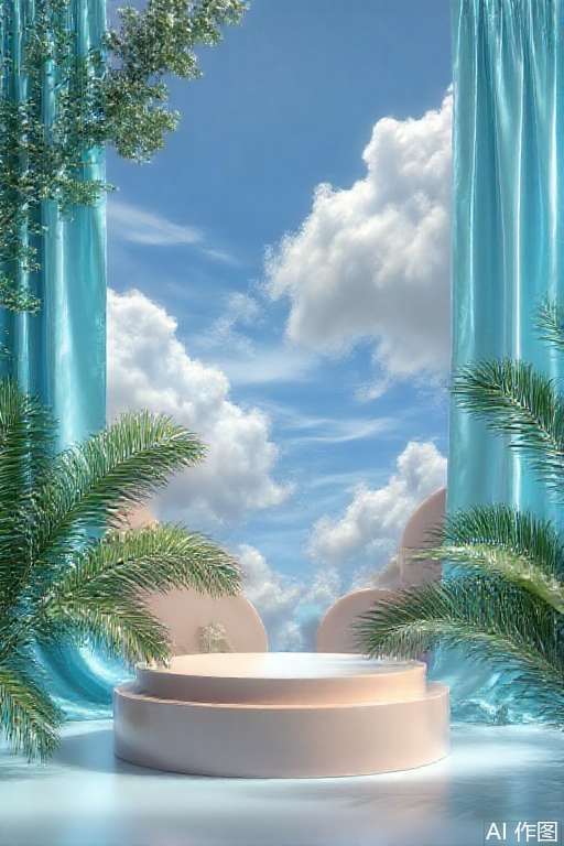  background  A vibrant digital CGI image depicts a serene outdoor scene with a round, light pink pedestal centered in the foreground. Surrounding it are lush green palm fronds and pastel blue drapes framing a bright blue sky with fluffy white clouds. The composition exudes a tropical, airy ambiance. 