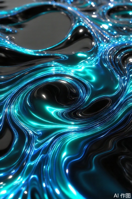  Liquid metal  A highly detailed CGI image featuring a mesmerizing, abstract pattern of swirling, glossy, metallic surfaces in shades of black, teal, and blue. The smooth, reflective textures create a hypnotic, liquid-like effect with intricate, flowing lines and curves. The background is a gradient of dark hues, enhancing the luminous highlights and creating a futuristic, almost otherworldly aesthetic. 