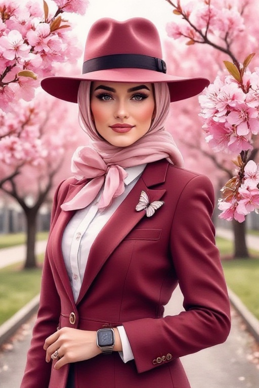 Create an image of a beautiful woman standing outdoors,  surrounded by blooming cherry blossom trees. The woman is wearing...