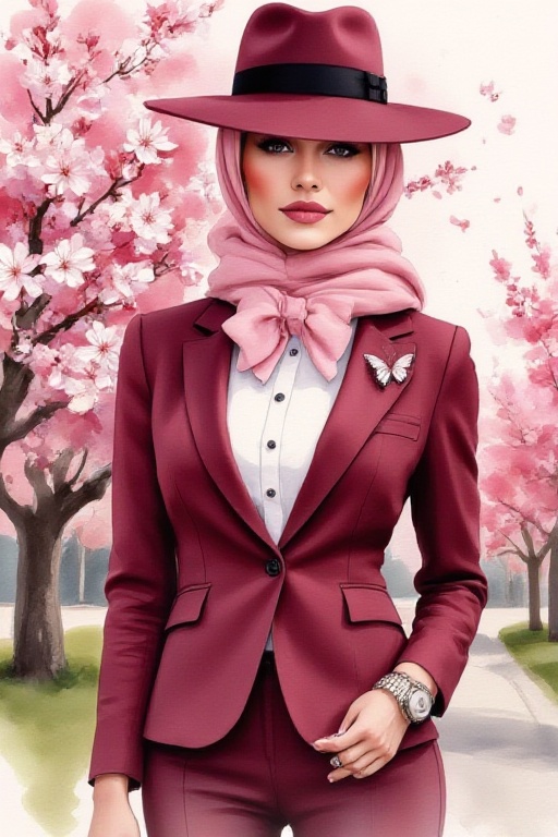 Create an image of a beautiful woman standing outdoors,  surrounded by blooming cherry blossom trees. The woman is wearing...