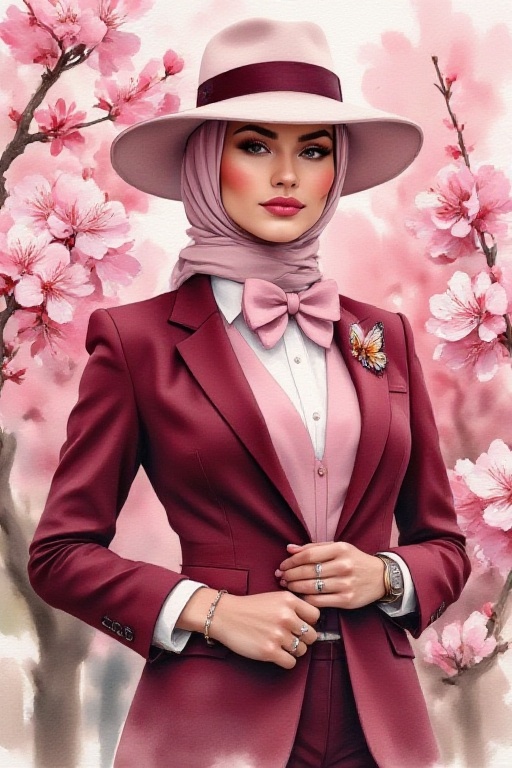 Create an image of a beautiful woman standing outdoors,  surrounded by blooming cherry blossom trees. The woman is wearing...