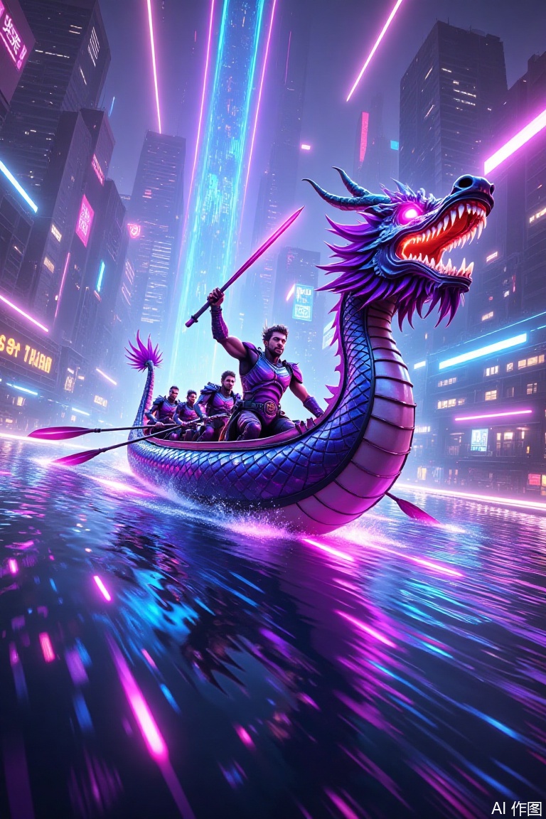 Cyberpunk style  A vibrant, digital CGI artwork depicting a futuristic dragon boat racing through a neon-lit, cyberpunk cityscape. The dragon, with a sleek, metallic body and purple scales, is piloted by a muscular, armored man wielding a glowing sword. Four more armored figures row energetically. Neon lights and holographic billboards illuminate the background, creating a dynamic, high-tech atmosphere. 