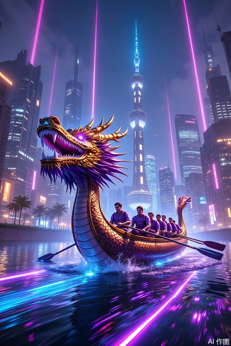  Cyberpunk style  A vibrant digital artwork depicts a dragon-headed boat with a crew of people rowing through a futuristic cityscape at night. Neon lights illuminate the scene, with skyscrapers and a towering spire in the background. The dragon's scales shimmer in gold and purple hues, reflecting on the water. The image exudes a cyberpunk aesthetic. 