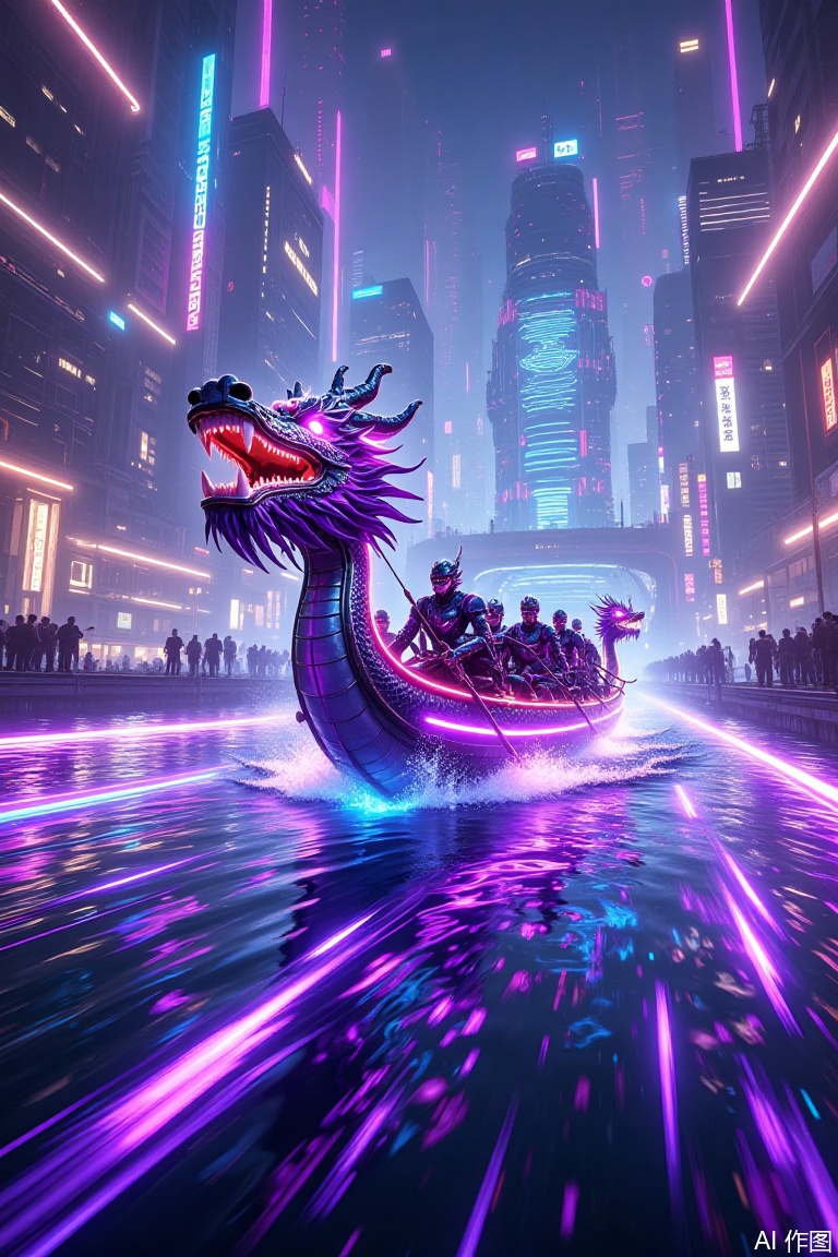  Cyberpunk style  A vibrant, neon-lit digital artwork depicting a dragon-headed boat racing through a futuristic cityscape. The boat, adorned with glowing purple accents, is crewed by armored figures. Neon lights and holographic billboards illuminate the background, reflecting off the water. The scene is dynamic and cyberpunk-inspired, with a sleek, high-tech aesthetic. 