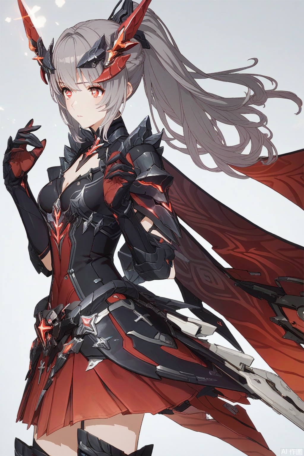  score_9,score_8_up,score_7_up,score_6_up,masterpiece,best quality,1girl,nanami, solo, long hair,horns,cross shaped pupils,ponytail,breasts, bangs, skirt, red eyes, gloves, grey hair, armor, gradient, red skirt, headgear, mecha musume,cowboy shot,
