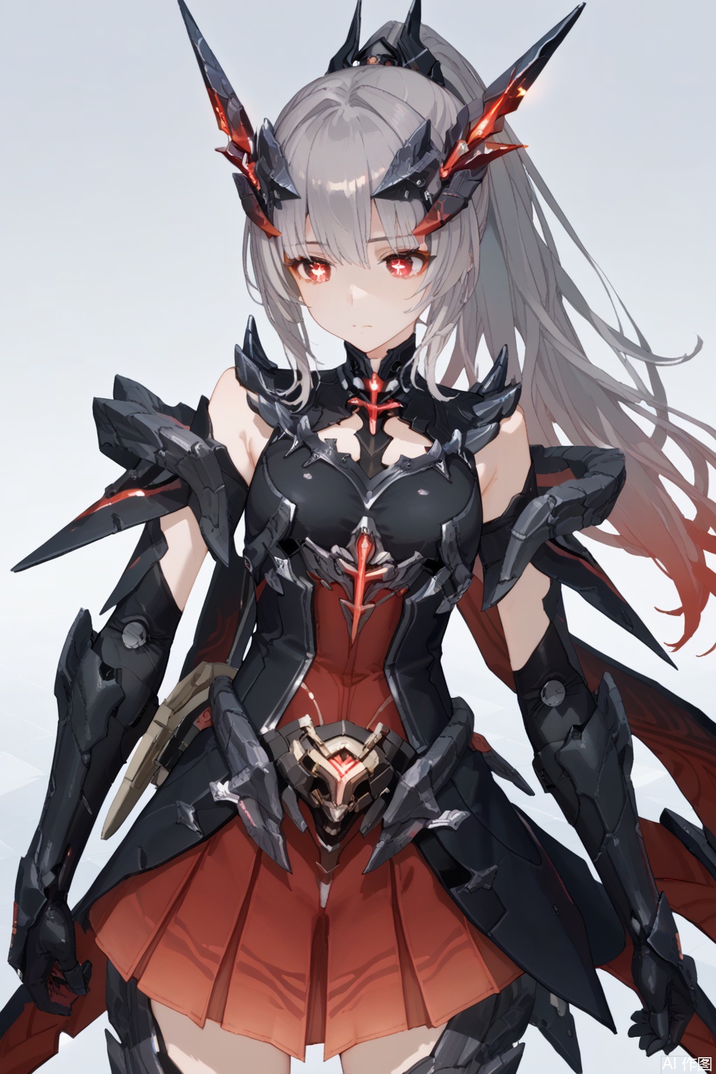  score_9,score_8_up,score_7_up,score_6_up,masterpiece,best quality,1girl,nanami, solo, long hair,horns,cross shaped pupils,ponytail,breasts, bangs, skirt, red eyes, gloves, grey hair, armor, gradient, red skirt, headgear, mecha musume,cowboy shot,
