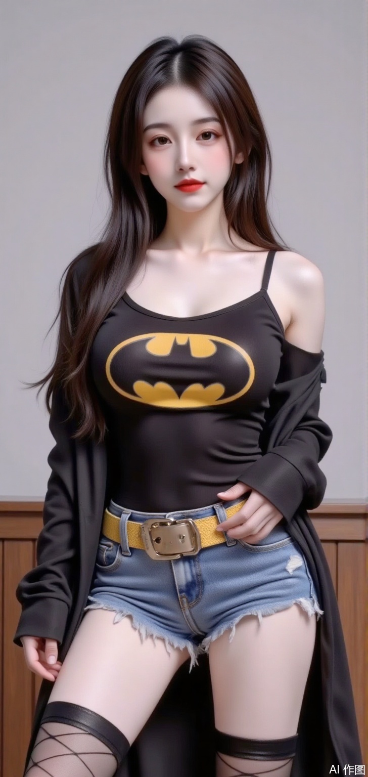 A 20-year-old young and beautiful Chinese woman, she has a figure with a full bust, a slender waist, and long legs, dressed a Batman costume,Bodysuit with straps,Frayed hem denim shorts,Black lace-up stockings with a batman logo on the clothes,standing, at home,cy,mn,juru2