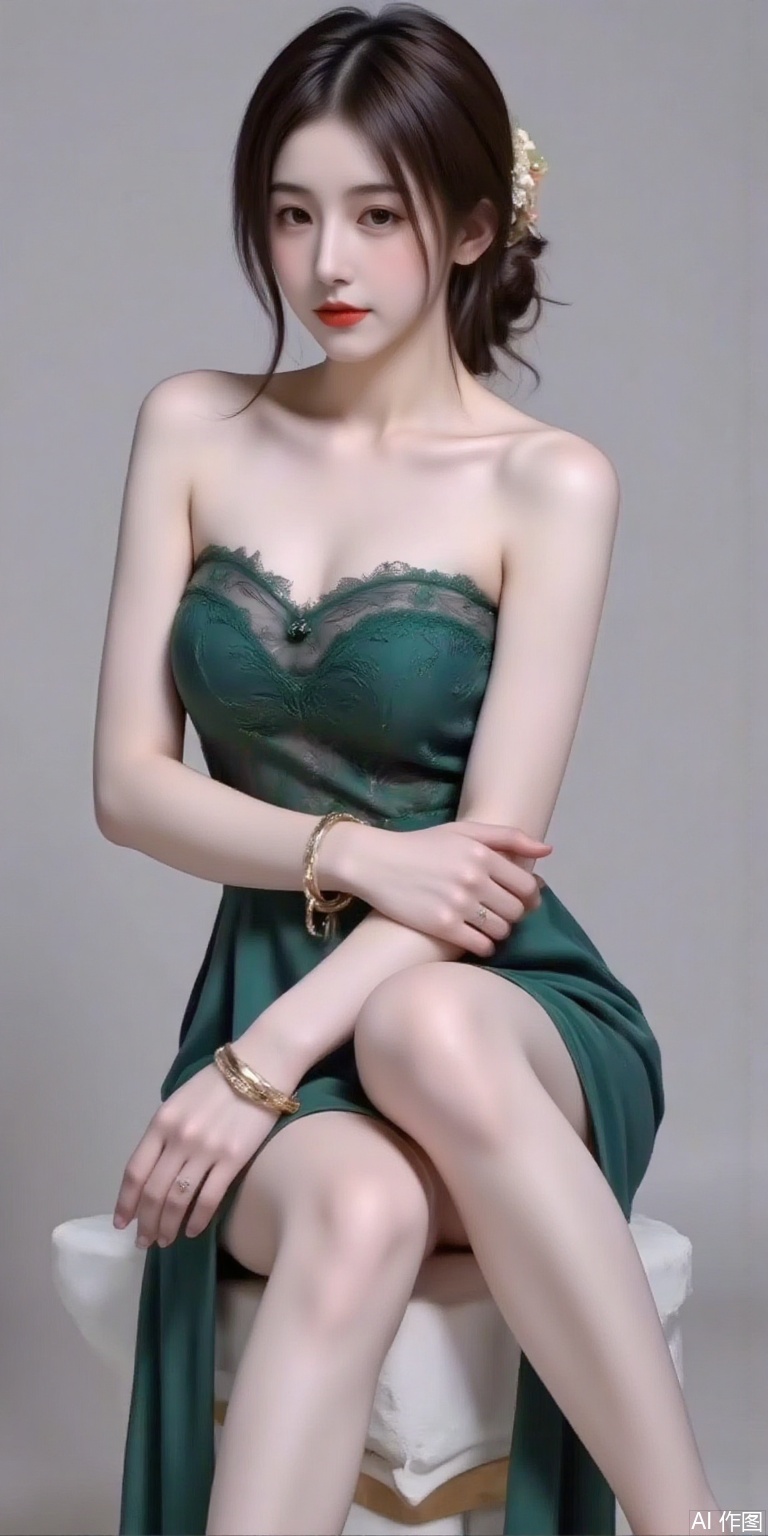 1 girl, solo, looking at the audience, black hair, hair accessories, dress, bare shoulders, jewelry, sitting posture, bracelet, Hanfu, ring, crossed legs, Hanfu, side slit, realistic, green dress, cheongsam, cheongsam, side slit, lace, cheongsam, side slit, lace